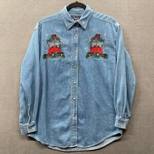 Vtg 80s 90s Denim Embroidered Button Down Shirt Womens S Christmas Cardinals